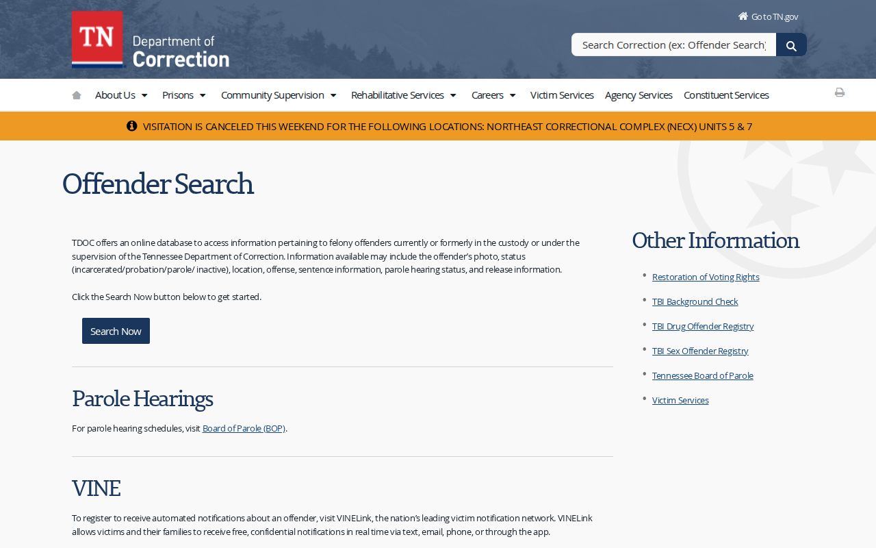 TDOC offender search information for a Giles County inmate release date