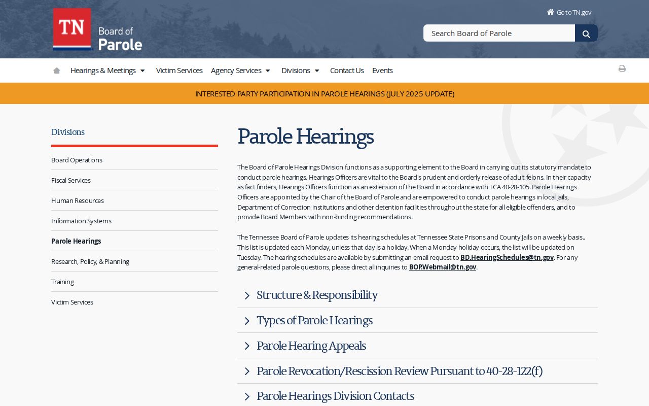 Tennessee parole hearing schedule instructions for Giles County release supervision